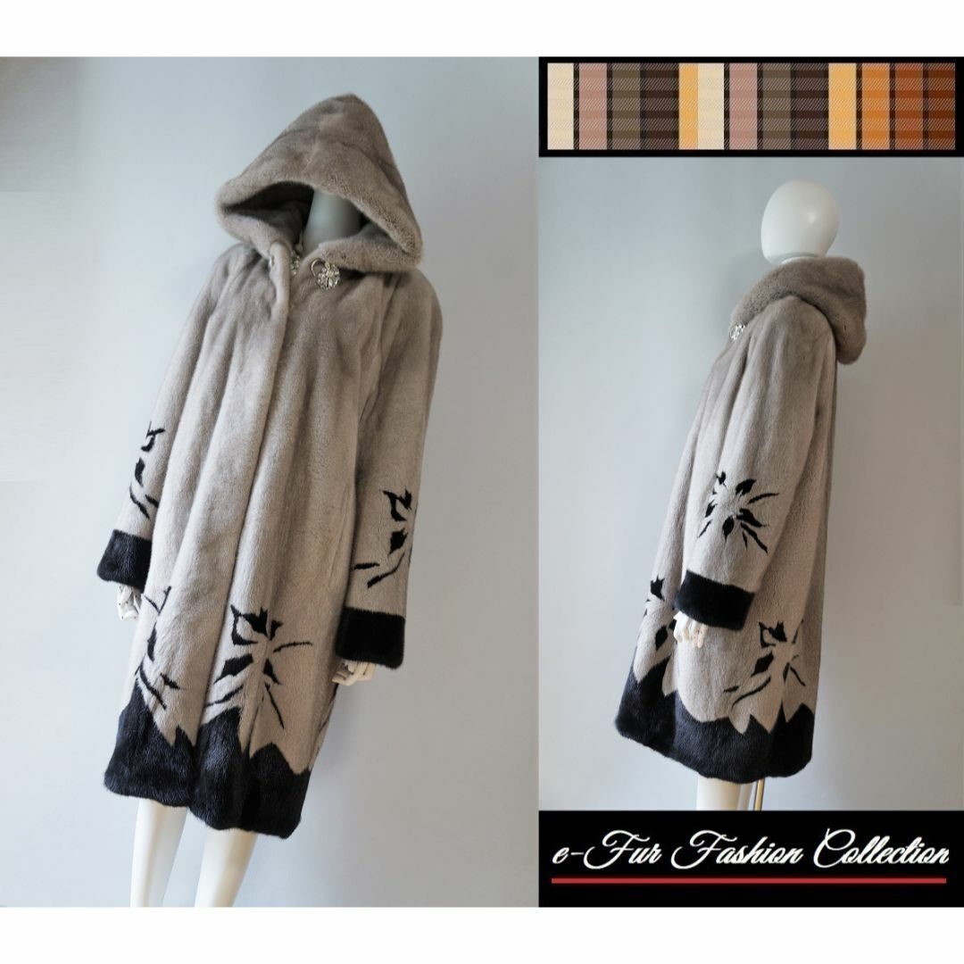 気品が立ちのぼる☆優雅なミンク毛皮コート フード付黒×グレー系リアルファーコート