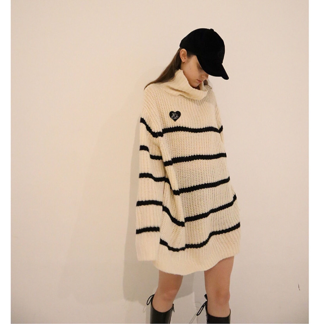 Éé high neck big border knit ivoryレディース