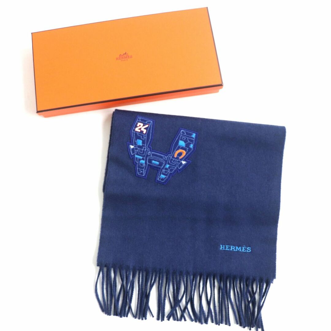 極美品▼2021年12月購入 HERMES エルメス Hロボットパッチ/ワッペン ロゴ刺繍入 カシミヤ100% フリンジ マフラー ネイビー イギリス製 箱付 1