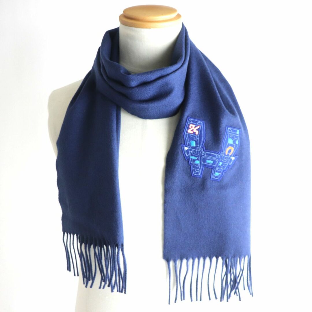 極美品▼2021年12月購入 HERMES エルメス Hロボットパッチ/ワッペン ロゴ刺繍入 カシミヤ100% フリンジ マフラー ネイビー イギリス製 箱付 2