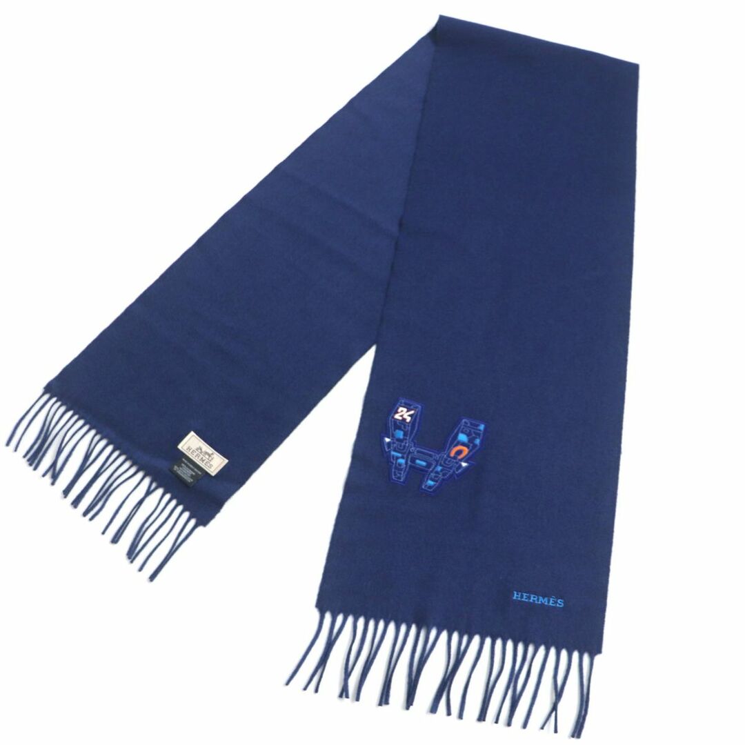 極美品▼2021年12月購入 HERMES エルメス Hロボットパッチ/ワッペン ロゴ刺繍入 カシミヤ100% フリンジ マフラー ネイビー イギリス製 箱付 3
