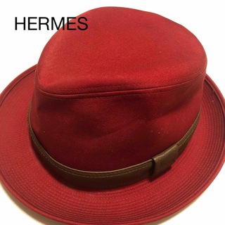 エルメス(Hermes)の【美品】エルメス　HERMES 帽子　ハット　コットン　リネン　赤　サイズ58(ハット)