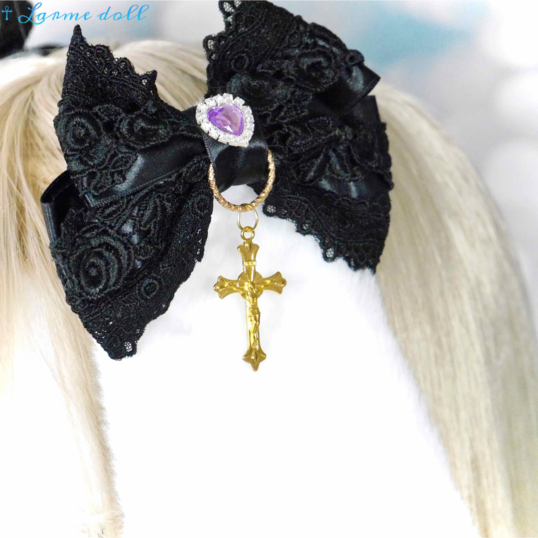 【完成品/一点物】パープルハートビジュー付き たれうさ耳ロリィタヘアクリップ ハンドメイドのアクセサリー(ヘアアクセサリー)の商品写真