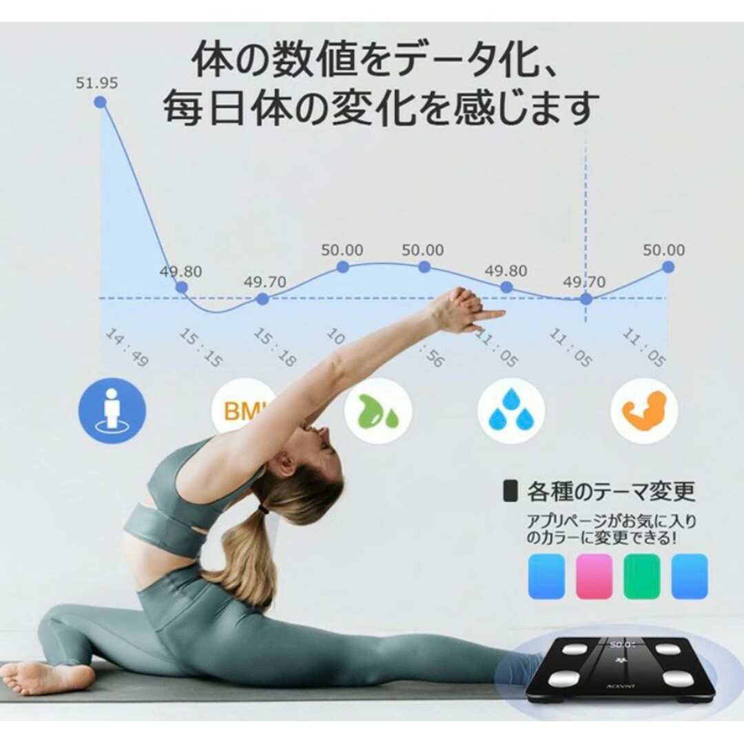 体重計 スマホ 管理 体脂肪 内臓 脂肪 筋肉 骨量 水分 代謝 BMI 肥満 スマホ/家電/カメラの生活家電(体重計)の商品写真