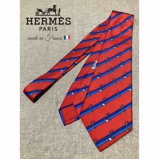 エルメス(Hermes)の【極美品】HERMES／エルメス／ストライプ／イカリモチーフ／オレンジ／ブルー(ネクタイ)