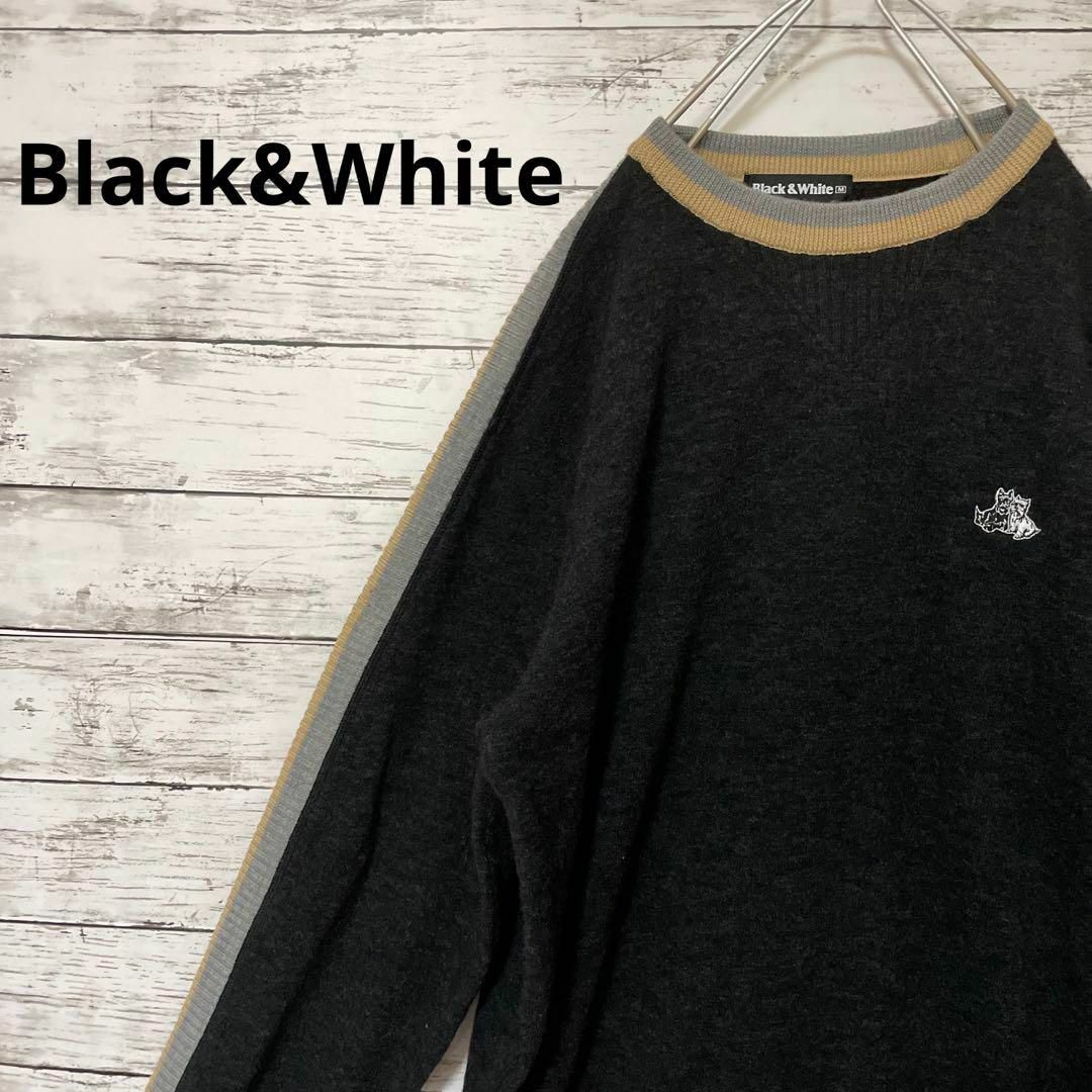 Black&White セーター ワンポイント ロゴ 刺繍 ライン 黒 秋冬
