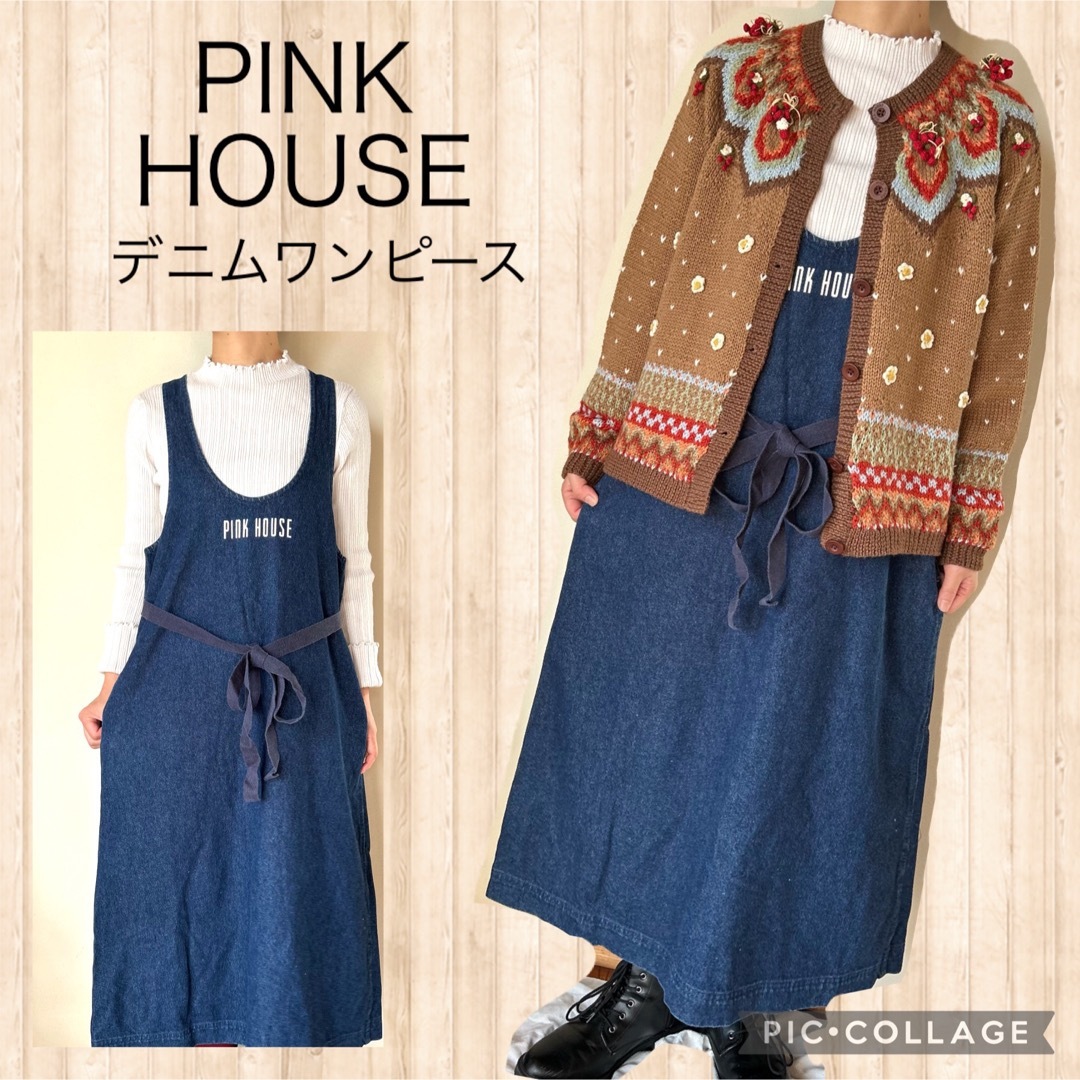 PINK HOUSE(ピンクハウス)のピンクハウス ジャンパースカート サロペット デニム　ワッペン　リボンベルト レディースのワンピース(ロングワンピース/マキシワンピース)の商品写真