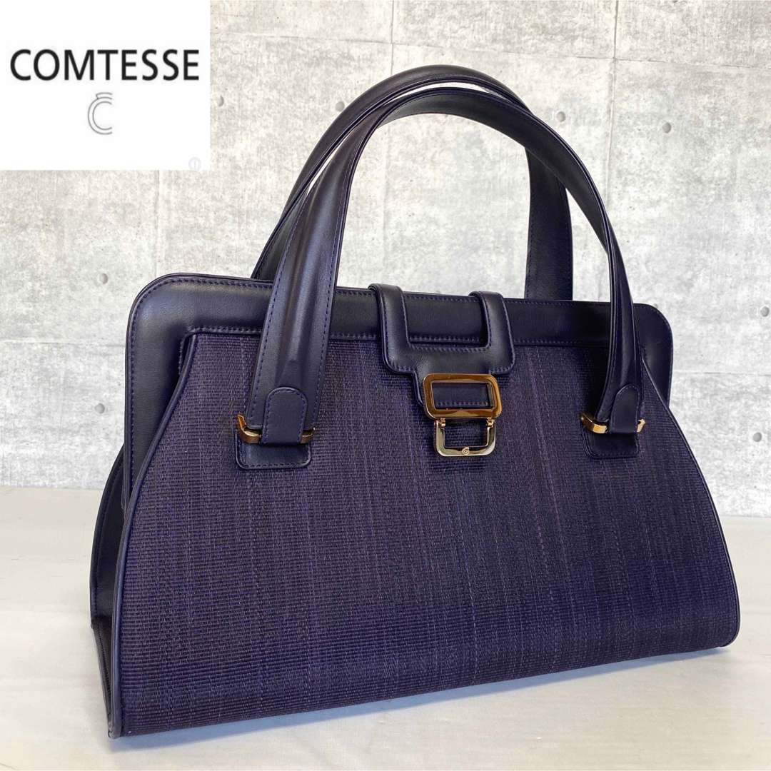 美品】COMTESSE ホースヘア×レザー パープル ゴールド金具ハンドバッグ-