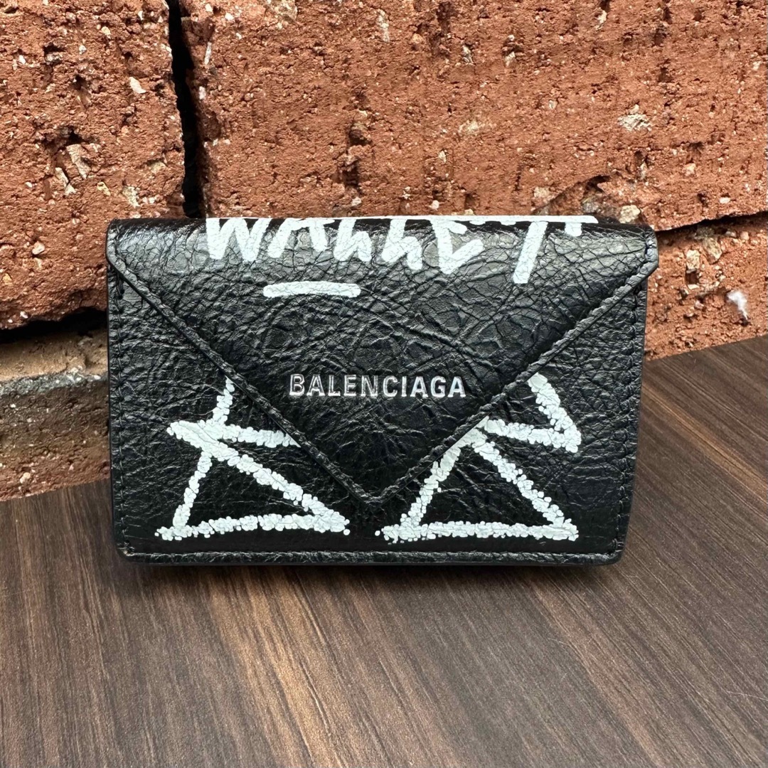 BALENCIAGA グラフィティ　BB　ペーパー　ブラック　3つ折り　ミニ財布