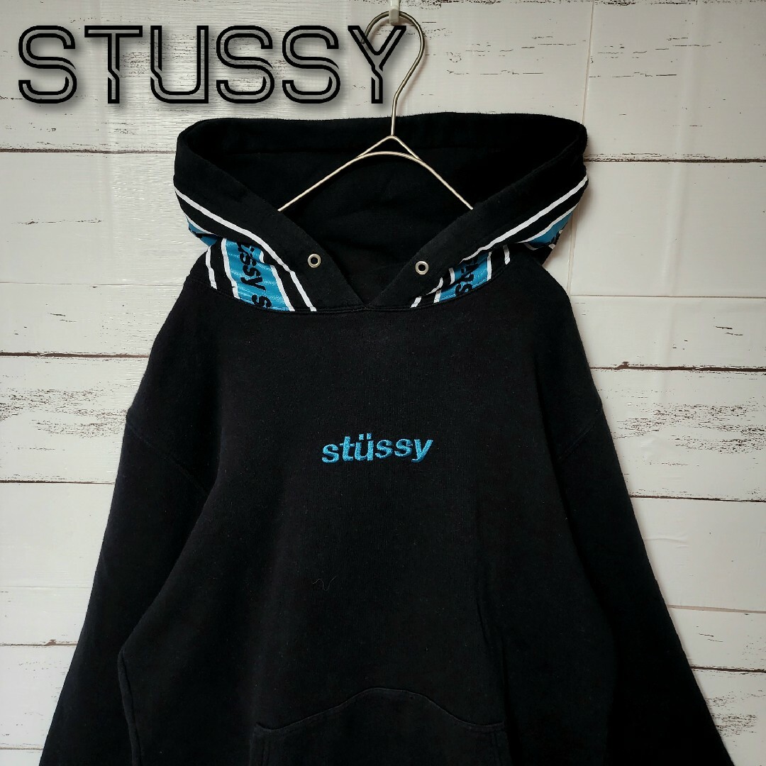 通販激安】 フード 【希少】stussy センターロゴ 黒 サイズS パーカー