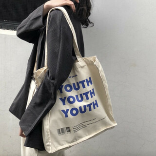 youth 英字 ロゴ トートバッグ マチあり スリム きなり 韓国ファッション(トートバッグ)