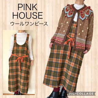 ピンクハウス(PINK HOUSE)のピンクハウス ジャンパースカート サロペット ウール　チェック柄　リボンベルト(ロングワンピース/マキシワンピース)