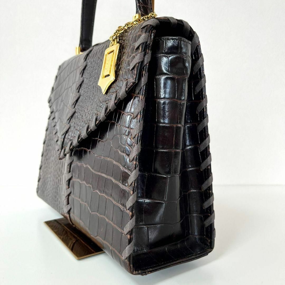 YSL イヴ・サンローラン クロコ型押し レザー ハンドバッグ サンドラロゴ-