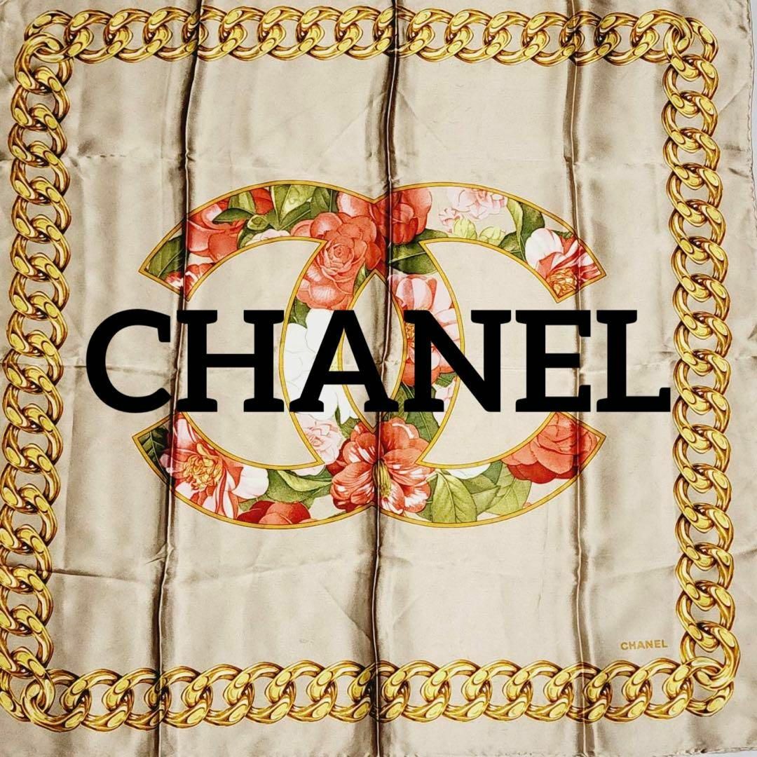 ☆CHANEL☆ スカーフ ココマーク カメリア 椿 チェーン シルク ベージュ-