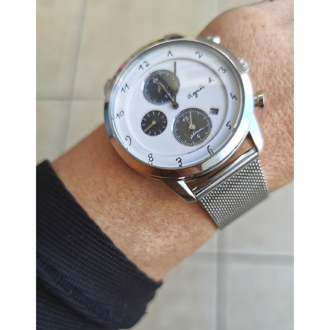 アニエスベー　メンズ ソーラー腕時計 ストップウォッチ 白　社外品メッシュベルト