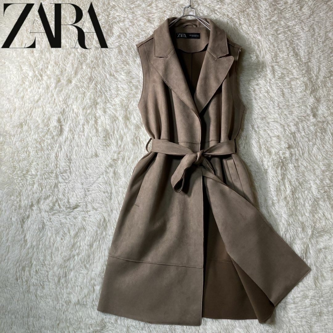 ZARA(ザラ)の美品 ZARA ザラ ノースリーブコート フェイクスエード ベルト付き M レディースのジャケット/アウター(ロングコート)の商品写真