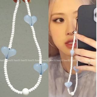 再入荷♡♡ ロゼ愛用似 ライトブルー ハート ビーズ スマホ ストラップ(ストラップ/イヤホンジャック)