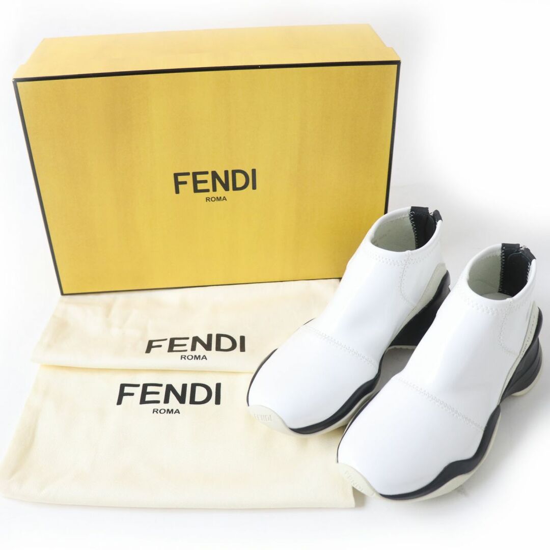 極美品☆FENDI フェンディ 8E6989 フルイド ファブリック ロゴ バックZIP UP ジャガードスニーカー 白×黒 38 レディース  箱・保管袋付き