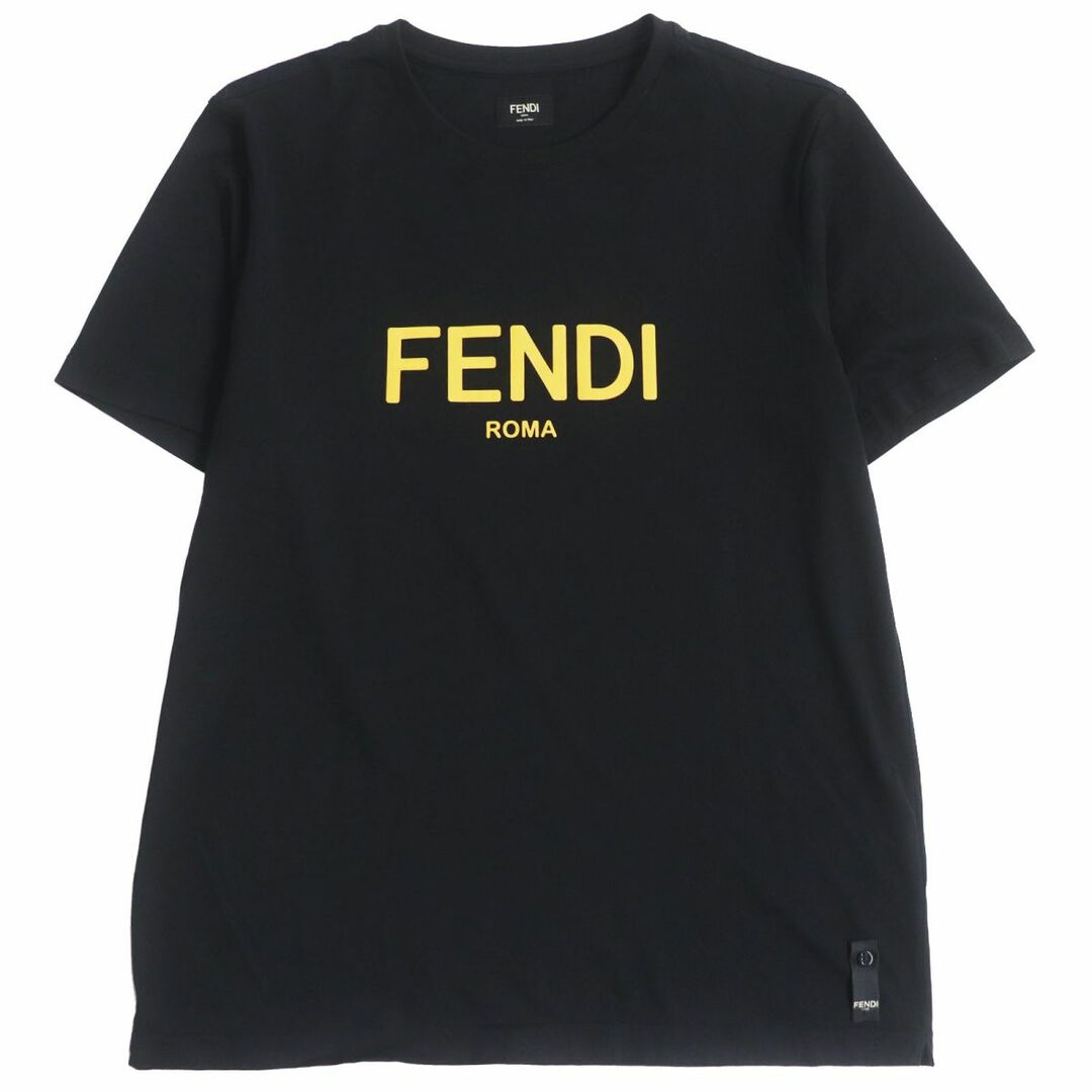 70cm肩幅極美品□2021年製 FENDI/フェンディ FY0894 ラムレザーロゴパッチ コットン クルーネック 半袖Tシャツ/カットソー ブラック XL 伊製 正規品