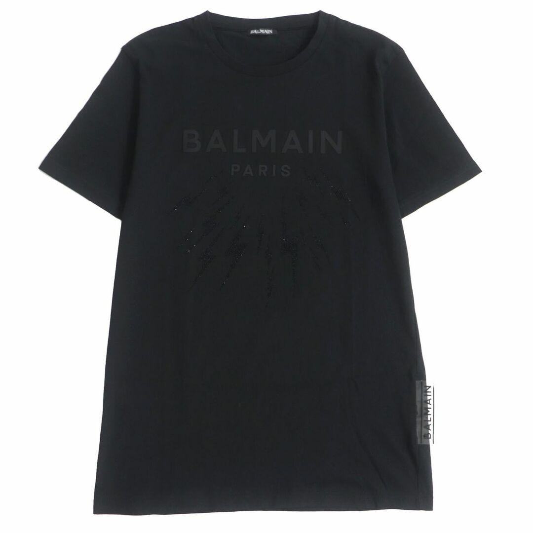 美品□BALMAIN/バルマン ラインストーン シルバー金具 コットン100％ クルーネック 半袖 ロゴTシャツ/カットソー ブラック M メンズ