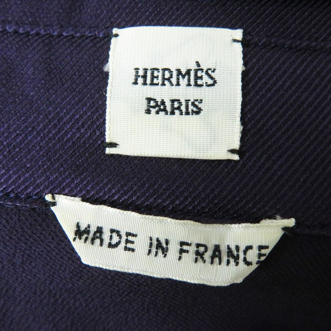 極美品◎正規品 フランス製 HERMES エルメス レディース シルク100 半袖 シャツ 袖リボン ポケット付き パープル 38