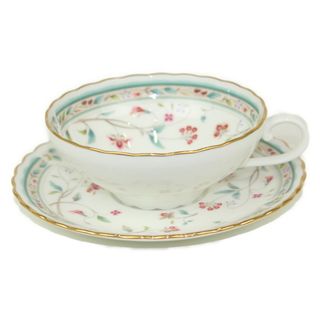 Noritake 花更紗 カップ&ソーサー ホワイト レッド グリーン系 白 赤 緑系 BONE CHINA ボーンチャイナ レディース お祝い プレゼント 贈り物 コップ 食器 コーヒー 紅茶　花柄 フラワー【中古】 松前R56号店(その他)