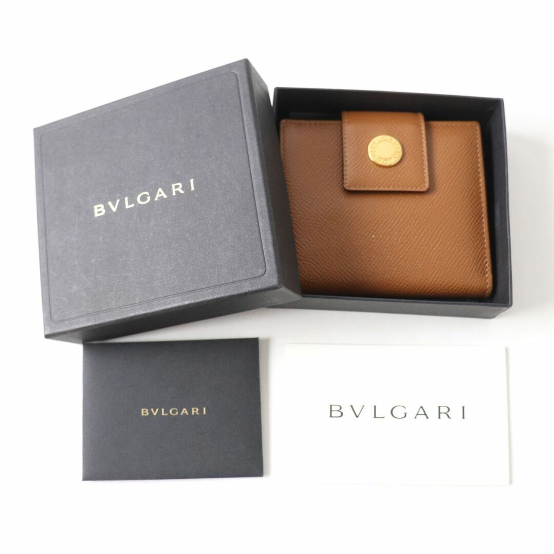 極美品☆BVLGARI ブルガリ ブルガリブルガリ ロゴ金具付 2つ折り レザー コンパクトウォレット/財布 ブラウン×ゴールド金具 伊製 箱付き