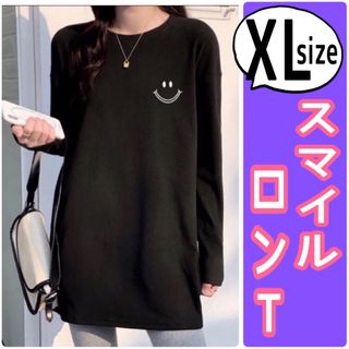 ロン T トップス g レディース スマイル ブラック 黒 XL 長袖(Tシャツ(長袖/七分))