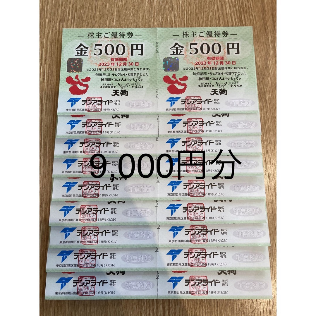 テンアライド　株主優待　9,000円分 チケットの優待券/割引券(レストラン/食事券)の商品写真