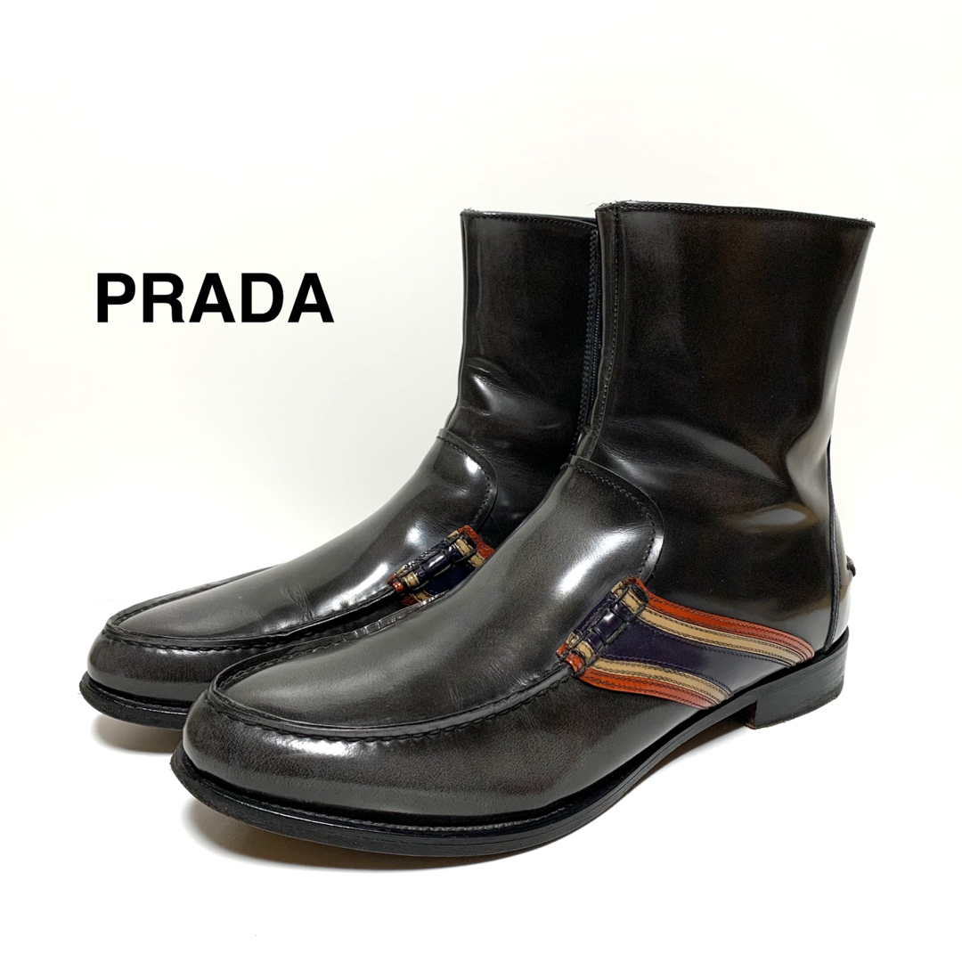 ☆良品 プラダ PRADA サイドライン ジップアップ レザーブーツ イタリア製