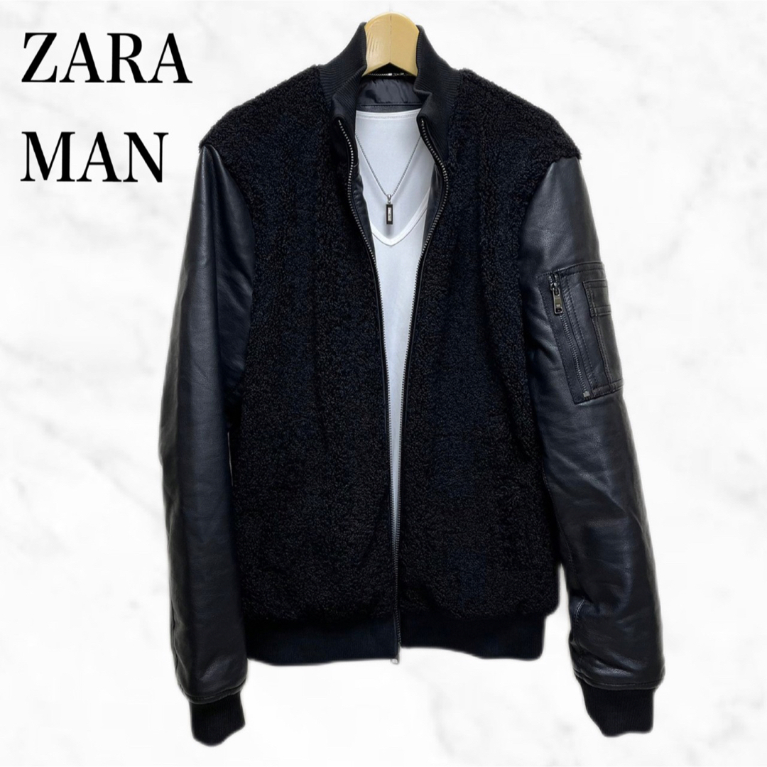 美品■ZARA ザラ■袖革 エコレザーアーム ボンバージャケット MA1 フード