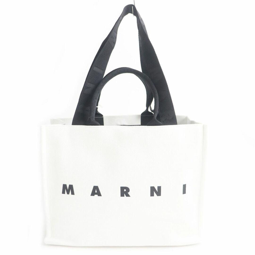 未使用品□MARNI/マルニ SHMQ0053U2 ロゴプリント入り 2WAY キャンバス BEYトートバッグ/ショルダーバッグ ホワイト×ブラック 保存袋付き