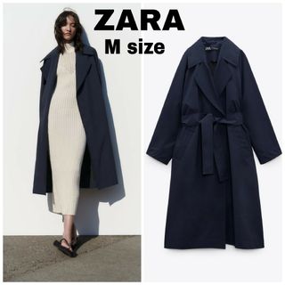 ザラ(ZARA)のZARA　ベルト テクニカル トレンチコート　Mサイズ　ネイビーブルー(トレンチコート)