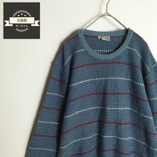【ニット】セーター イタリア製 ボーダー サイズ52 青 白 赤 ゆるダボ 古着(ニット/セーター)