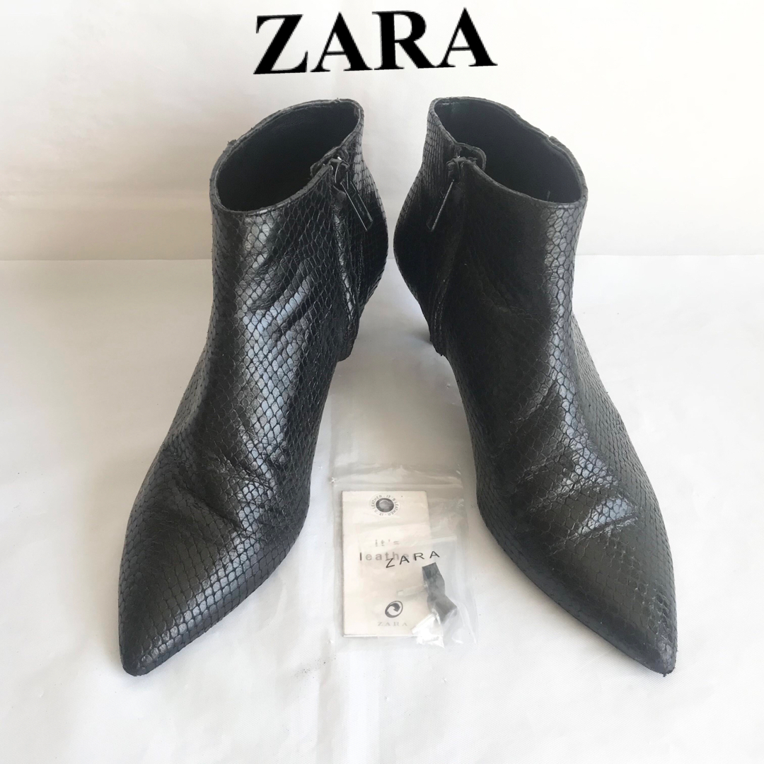 ZARA★リアルレザーショートブーツ35/ブラック/型押し本革/スタイリッシュ | フリマアプリ ラクマ