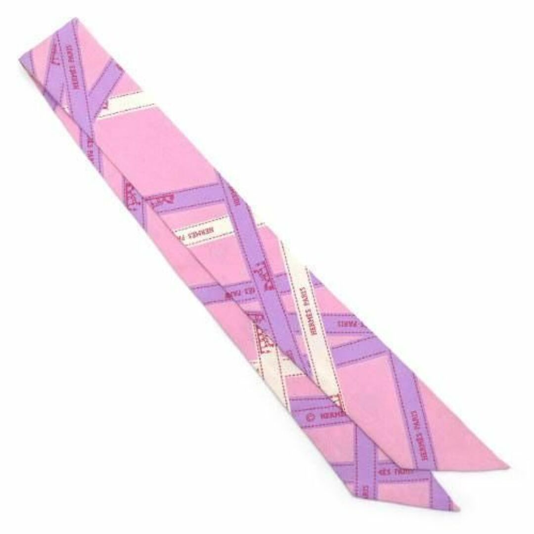 美品 エルメス スカーフ HERMES シルク ツイリー ボルデュック リボン柄 ピンク レディース JJS03672 1