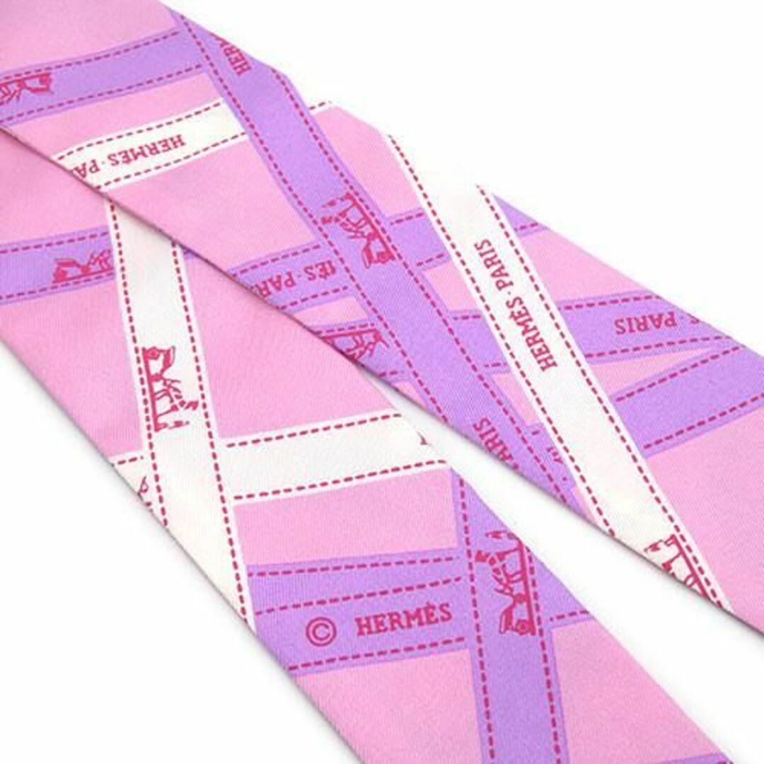 美品 エルメス スカーフ HERMES シルク ツイリー ボルデュック リボン柄 ピンク レディース JJS03672 3