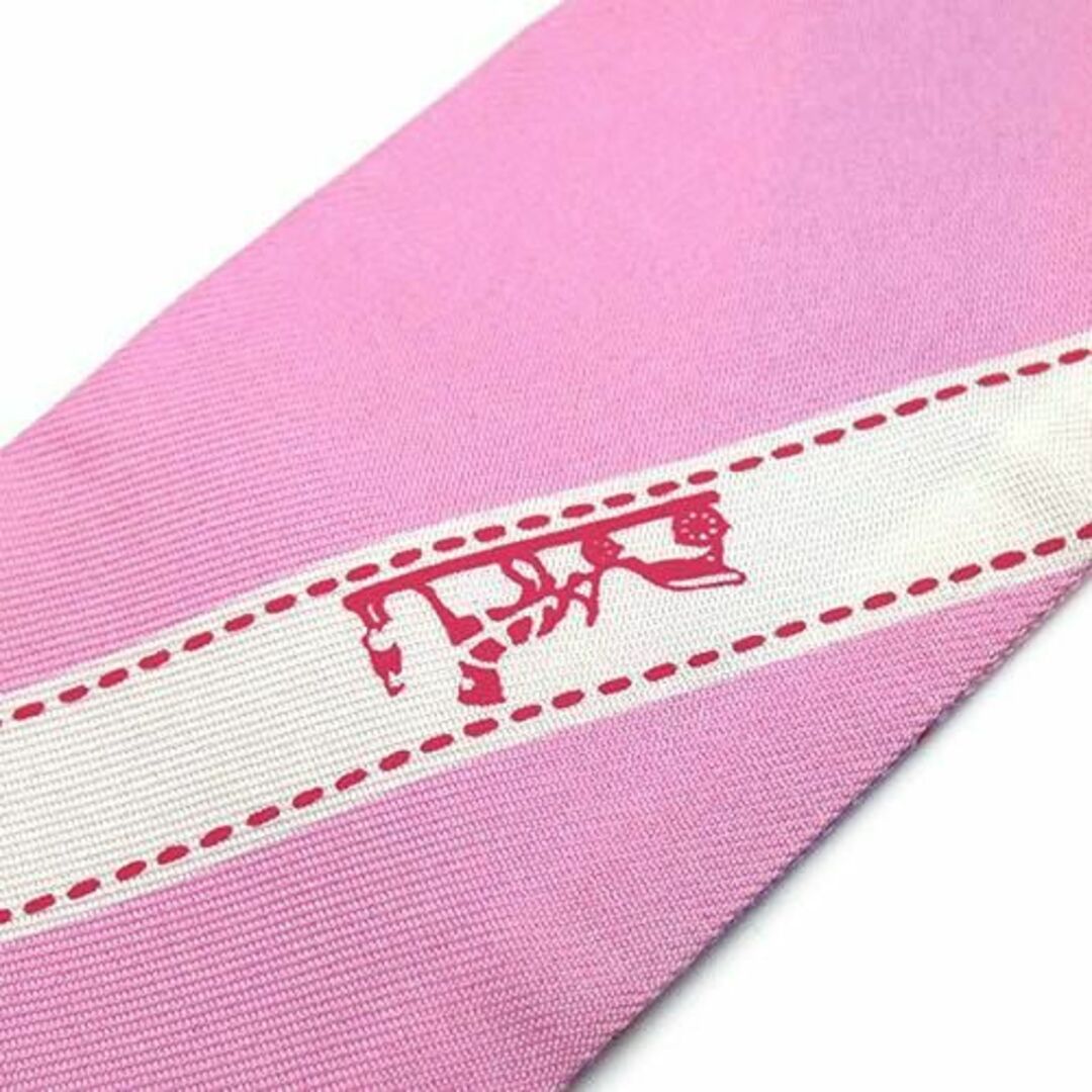 美品 エルメス スカーフ HERMES シルク ツイリー ボルデュック リボン柄 ピンク レディース JJS03672 5