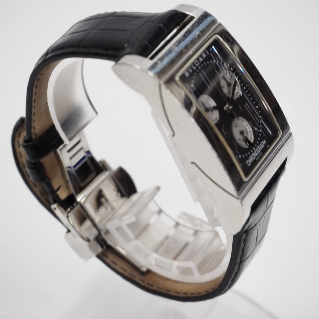 Th946991 ブルガリ 腕時計 レッタンロゴ RTC49S SS レザーベルト クォーツ クロノグラフ ブラック文字盤 BVLGARI ※社外ベルト・バックル