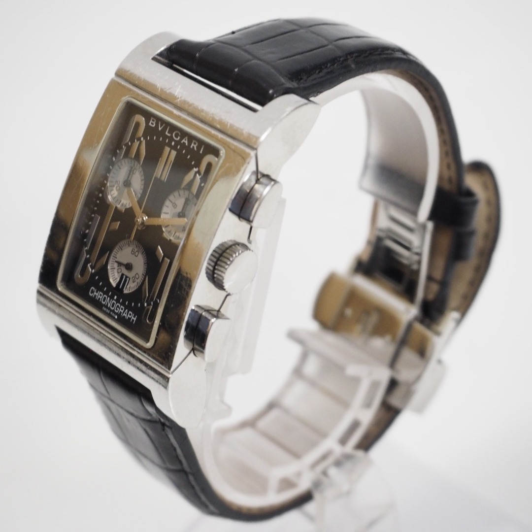 Th946991 ブルガリ 腕時計 レッタンロゴ RTC49S SS レザーベルト クォーツ クロノグラフ ブラック文字盤 BVLGARI ※社外ベルト・バックル