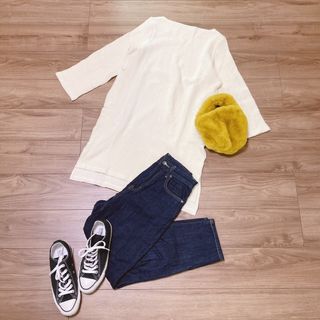 アダムエロぺ(Adam et Rope')のカジュアルニットワンピースコーデ♡アダムエロペUNIQLOデニム(ロングワンピース/マキシワンピース)