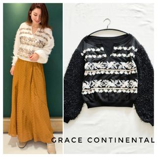 グレースコンチネンタル(GRACE CONTINENTAL)のGRACE CONTINENTAL 刺繍ラインニットトップ 黒 36(ニット/セーター)