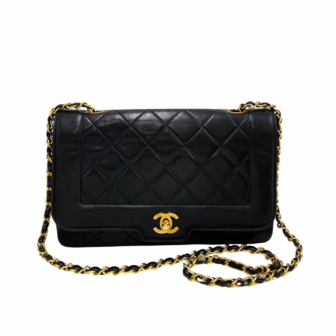 極 美品 シール カード有 1番台 CHANEL シャネル ダイアナフラップ 25cm マトラッセ ラムスキン レザー ミニ ショルダーバッグ 黒 55267