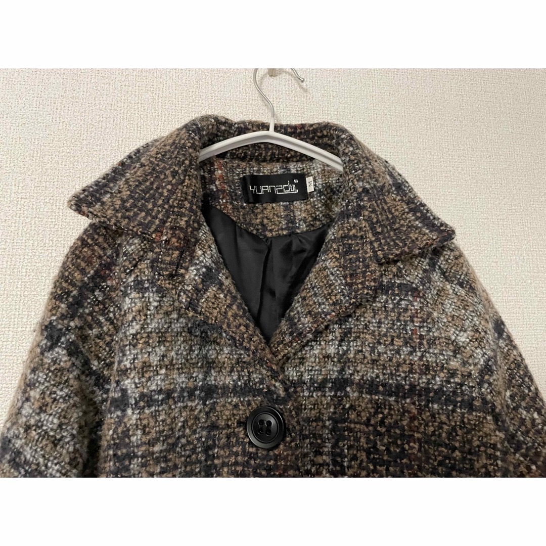 値下げ中！羊毛混チェックロングコート M レディースのジャケット/アウター(ロングコート)の商品写真