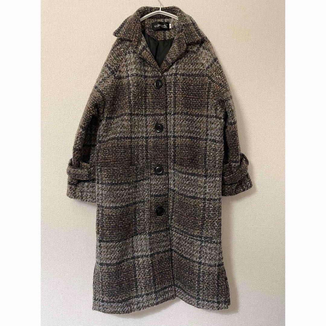 値下げ中！羊毛混チェックロングコート M レディースのジャケット/アウター(ロングコート)の商品写真