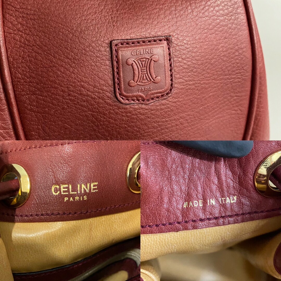 極 美品 希少品 CELINE セリーヌ ヴィンテージ トリオンフ ロゴ レザー 本革 巾着 ショルダーバッグ ポシェット ボルドー 21963