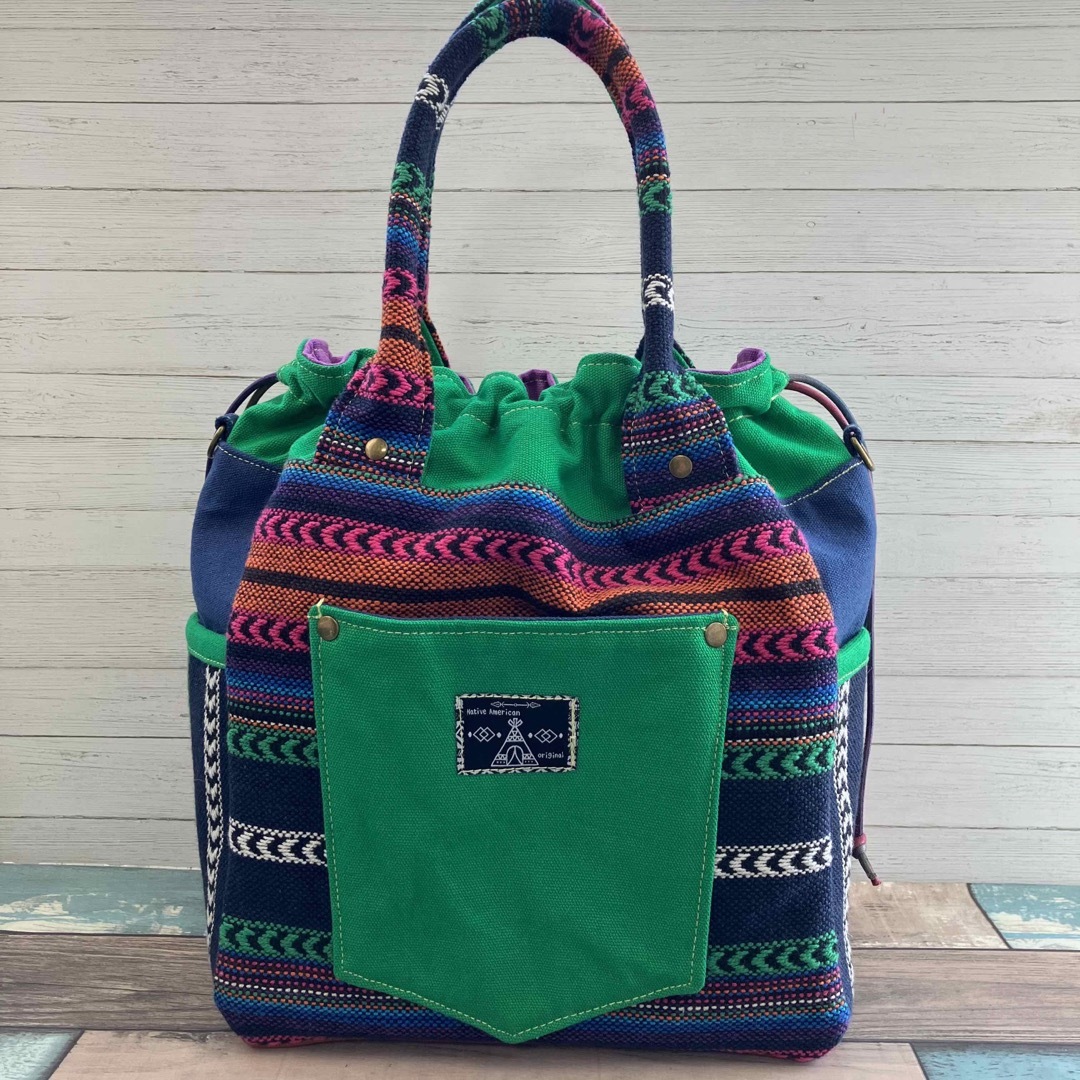◆メキシカンドビー◆緑×紫 BIG 巾着バッグ サイドポケット付き 2