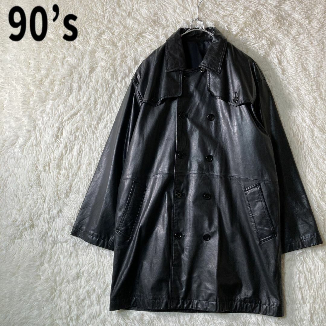 美品 90s レザー トレンチコート 本革 黒 ブラック XL相当 日本製