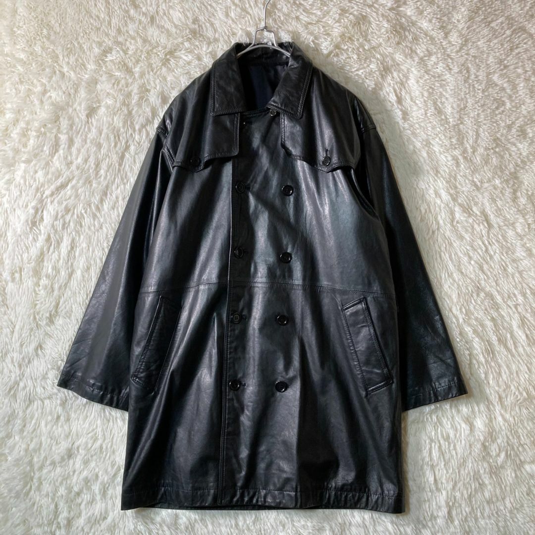 美品 90s レザー トレンチコート 本革 黒 ブラック XL相当 日本製の