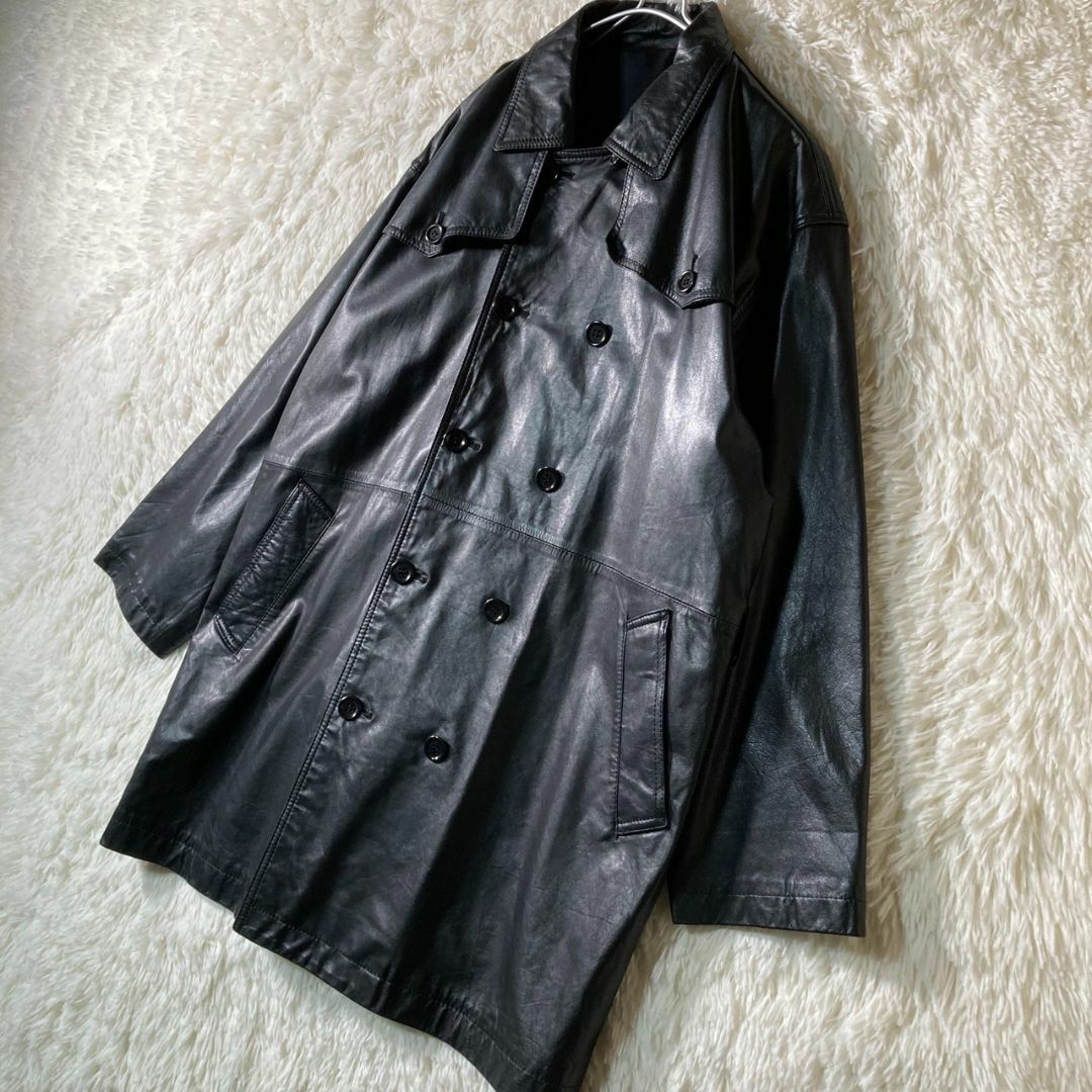 美品 90s レザー トレンチコート 本革 黒 ブラック XL相当 日本製の